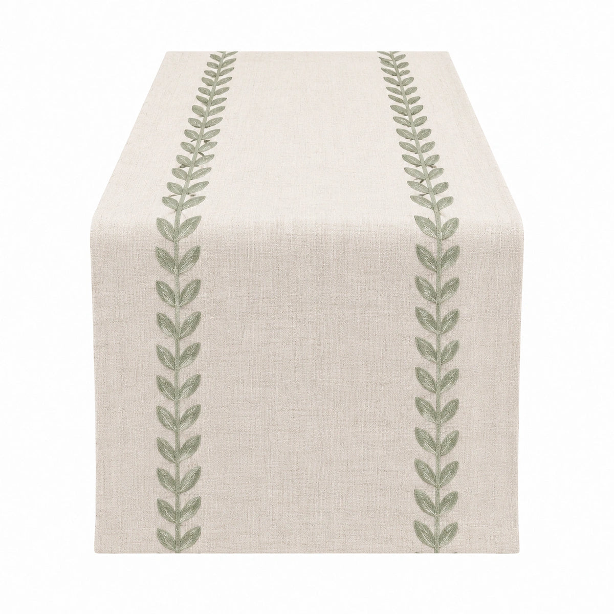 Chemin de table 180 x 40 cm en tissu aspect lin beige et vert à motif végétal décoratif