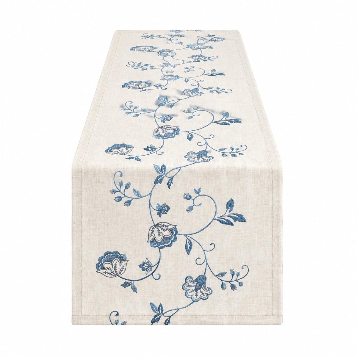 Chemin de table 180 x 33 cm en tissu beige à fleurs bleues style classique