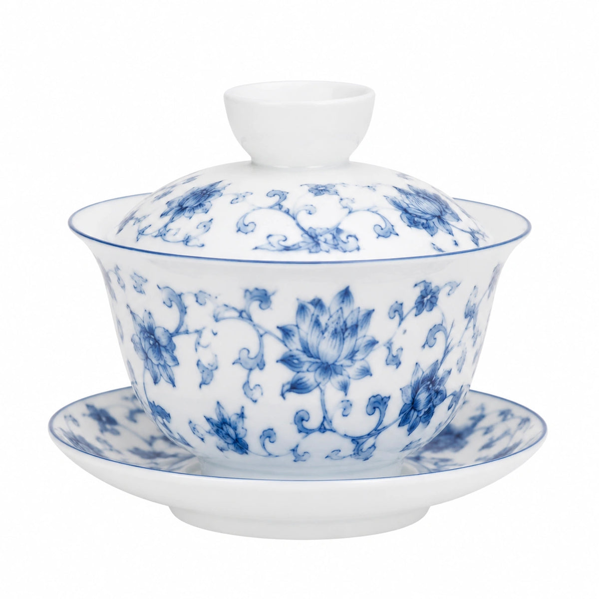 Gaiwan 150 ml en céramique blanche et bleue à motif floral pour thé